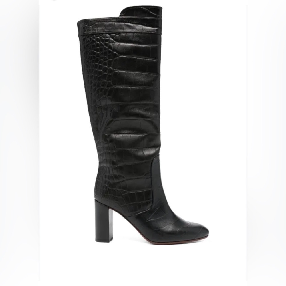 Chie Mihara leather Black Croc-Embossed Knee high Block Heel Boots - Picture 1 of 7